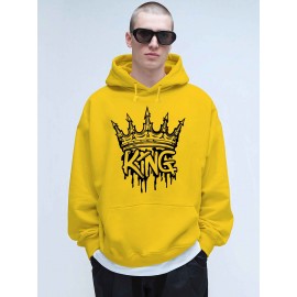 Men'S Casual King Crown Print Hoodie, 100% Polyester Long Sleeve Sweatshirt, Winter Knit Fabric with Slight Stretch, Regular Fit Hooded Top, 200g/m² - Trendy American Style Clothing Gift