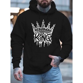 Men'S Casual King Crown Print Hoodie, 100% Polyester Long Sleeve Sweatshirt, Winter Knit Fabric with Slight Stretch, Regular Fit Hooded Top, 200g/m² - Trendy American Style Clothing Gift