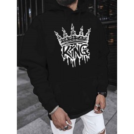 Men'S Casual King Crown Print Hoodie, 100% Polyester Long Sleeve Sweatshirt, Winter Knit Fabric with Slight Stretch, Regular Fit Hooded Top, 200g/m² - Trendy American Style Clothing Gift