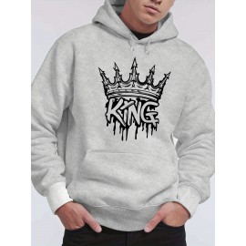 Men'S Casual King Crown Print Hoodie, 100% Polyester Long Sleeve Sweatshirt, Winter Knit Fabric with Slight Stretch, Regular Fit Hooded Top, 200g/m² - Trendy American Style Clothing Gift