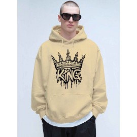 Men'S Casual King Crown Print Hoodie, 100% Polyester Long Sleeve Sweatshirt, Winter Knit Fabric with Slight Stretch, Regular Fit Hooded Top, 200g/m² - Trendy American Style Clothing Gift