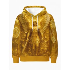 Men's 3D Printed Golden Winged Warrior Angel Hoodie - All-Over HD Graphic Mythology-Inspired Streetwear, Premium Comfortable Pullover with Hood, Casual Winter Wear & Fantasy Fashion, Machine Washable Regular Fit Sweatshirt