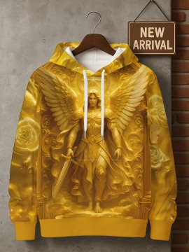 Men's 3D Printed Golden Winged Warrior Angel Hoodie - All-Over HD Graphic Mythology-Inspired Streetwear, Premium Comfortable Pullover with Hood, Casual Winter Wear & Fantasy Fashion, Machine Washable Regular Fit Sweatshirt