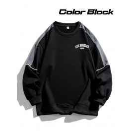 Men's Casual Athletic Sweatshirt - Color Block, Crew Neck, Polyester Blend, Perfect for Outdoor Activities, for Autumn, Spring