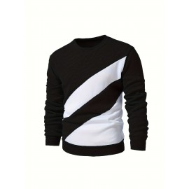 [Casual Geometric Stripe] Men's Casual Geometric Stripe Sweatshirt | Black & White Crew Neck Pullover | Comfortable Knit Fabric | Long Sleeve Hoodie