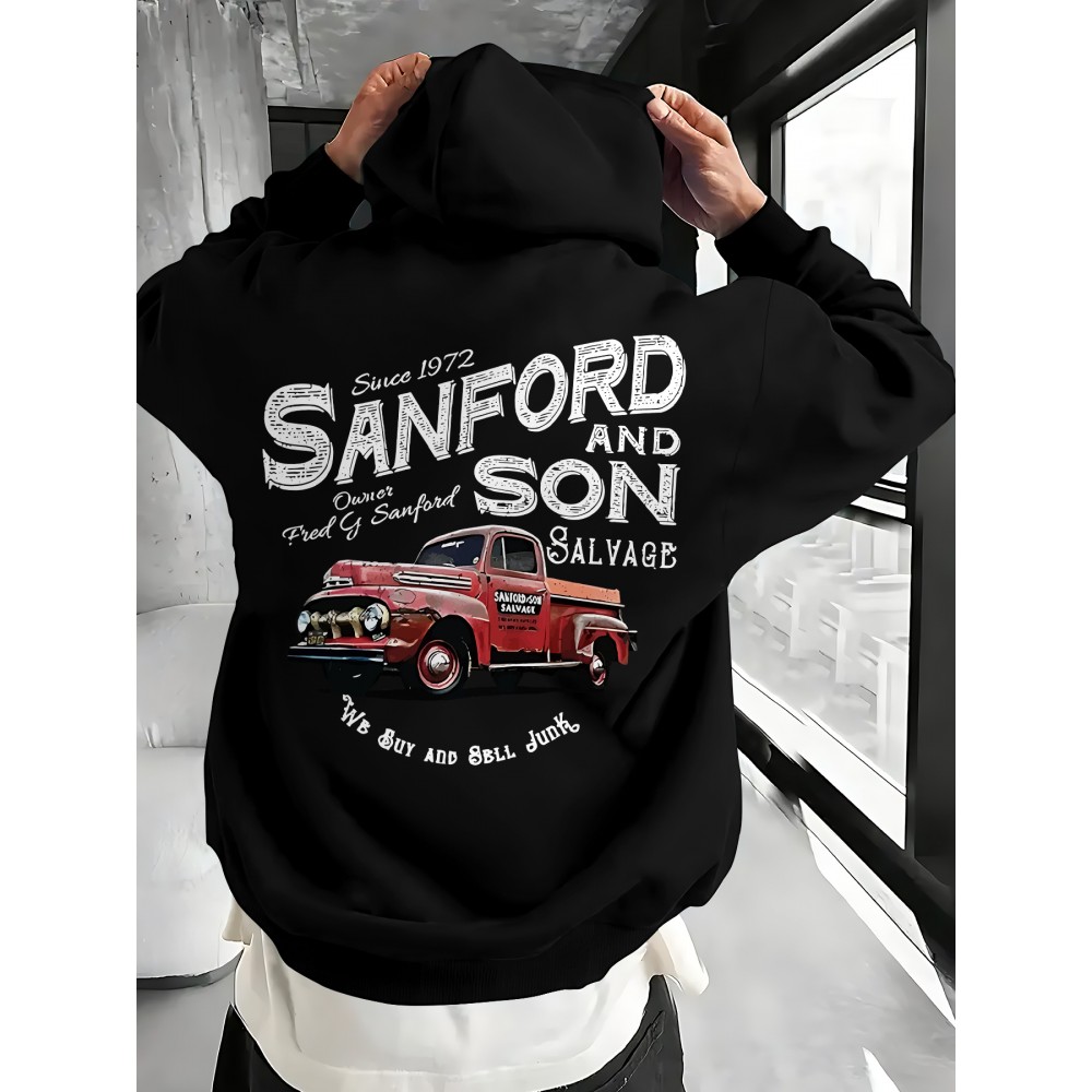 [Retro 70s Pullover] Men's Sanford and Son Vintage TV Show Graphic Hooded Sweatshirt - Retro 70s Inspired Pullover with Junkyard Design, Blue Casual Winter Warmth, Machine Washable Regular Fit for Outdoor & Home Wear