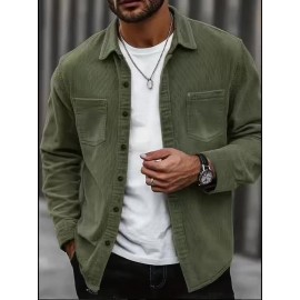 [Men's Corduroy Shirt Jacket] Bohemian Corduroy Shirt Jacket - Men's Solid Color Relaxed Fit Long Sleeve with Chest Pockets, Classic Collar & All-Season Versatile Style for Casual & Formal Wear, Durable Fabric