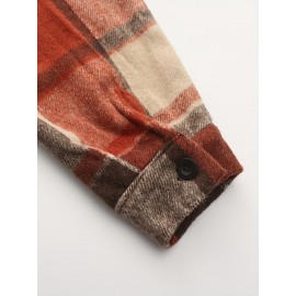 Men'S Casual Plaid Button-Up Shirt - Long Sleeve, Beige & Brown Check Pattern, Loose Fit, Lightweight Polyester Fabric, Perfect for Casual Attire