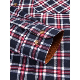 Men's Heavy-Duty Plaid Long Sleeve Dress Shirt - Winter Warmth Collar & Chest Pocket Button, Blue/White/Black/Brown Checkered Pattern, Loose Fit Casual & Formal Button-Up Coat Jacket-like Blazer (Machine Washable)