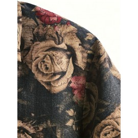 Men's Tropical Floral Print Button-Up Shirt - Short Sleeve, Black Base with Vibrant Red & Pink Roses, Casual Summer Style, Polyester Fabric, Machine Washable