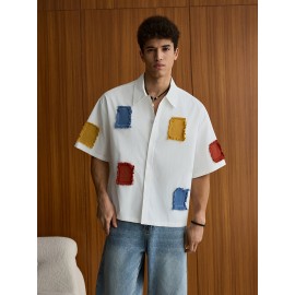 Men'S Summer Casual Color Block Patchwork Short Sleeve Shirt - Loose Fit, Button-Up Collared Blouse with Contrast Colorful Patches, Lightweight Non-Stretch Fabric for Casual Attire, Summer Casual Wear | Buttonup Shirt | Nonstretch Material