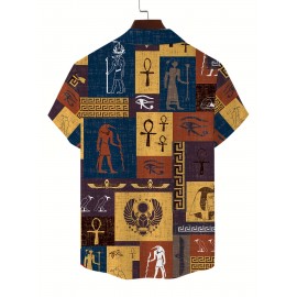 Men'S Vintage Egyptian-Inspired Geometric Art Print Short Sleeve Shirt - Casual Stand Collar, Button-Up, Non-Stretch Fabric, Regular Fit for Summer Outdoor & Casual Attire, All-Season Comfort, Summer Casual Wear | Artistic Print Shirt | Nonstretch F