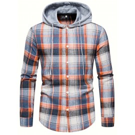 Men'S Fashion Casual Plaid Long Sleeve Hoodie Shirt, Polyester, Regular Fit, Non-Stretch, Spring/Autumn Outdoor Wear, Adult Size, Woven Fabric