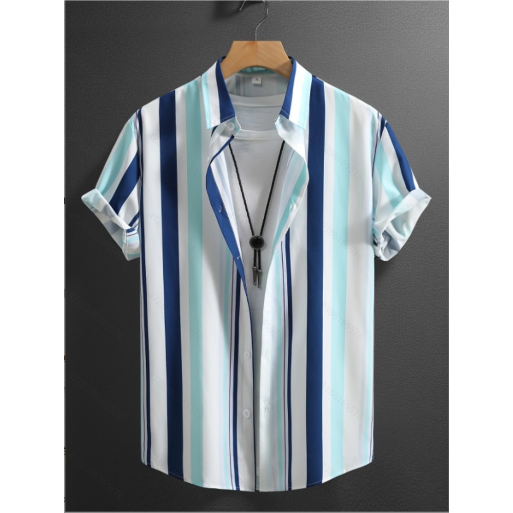 Men's & White Striped Short Sleeve Dress Shirt - Breathable Summer Collar Button-Front Blouse, Mint-Green Tones Vertical Stripes, Casual & Formal Wear (/White/Beige/Navy) - Traditional & Modern Style, Chinese Size, Please Check The Size Guide Carefully