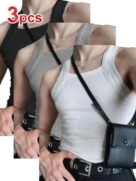 3-Pack Men's Sexy Slim-Fit Stretch Tank Tops - Sleeveless Off-Shoulder/Boat Neck Summer Muscle Tops, Medium-Stretch Fabric, Hand Wash Only, Black/Grey/White, Summer Tank Tops