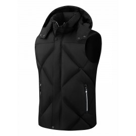 Men'S Classic Warm Padded Sleeveless Vest with Stand Collar - Quilted Waistcoat Jacket, Zipper Closure, Polyester, Solid Color, Regular Fit for Fall/Winter Casual & Sports Wear, Winter Jacket, Quilted Design, Durable Construction