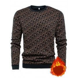 Men's Thermal Fleece-Lined Crewneck Sweatshirt - Thick Winter Warmth with Bold Letter Graphic, Soft Casual Long Sleeve Pullover, Machine Washable Cold Weather Gift for Him, Winter Sweaters, Cold Weather Apparel, Stylish Pullover