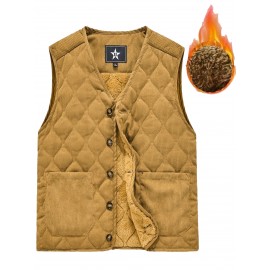 [Winter Warmth Vest] Navy Blue Quilted Corduroy Men's Winter Warmth Vest | Fleece Lining, Pockets, Button Closure | Perfect for Fall and Winter Comfort