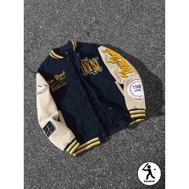 Men'S Navy Blue & White Patchwork Baseball Jacket - NY Logo & Letter Print, Snap Closure, Long Sleeve, Regular Fit with Pockets for Casual Streetwear, Baseball Jacket, Durable Fabric