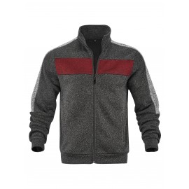 [Men's Color-Block Jacket] Color-Block Men's Knit Zip-Up Jacket | Regular Fit, Contrast Collar, Striped Design, Full-Zip Front, Ribbed Cuffs, Durable Fabric, Everyday Comfort Wear, Casual Outerwear