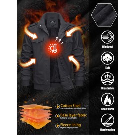 Men's Winter Fleece-Lined Cargo Jacket - Windproof Stand Collar Zipper Jacket with Ribbed Cuffs, Multi-Pockets & Soft Shell for Fall Winter Daily Wear, Outdoor Hiking Camping