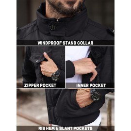 Men's Winter Fleece-Lined Cargo Jacket - Windproof Stand Collar Zipper Jacket with Ribbed Cuffs, Multi-Pockets & Soft Shell for Fall Winter Daily Wear, Outdoor Hiking Camping
