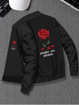 Casual Varsity Jacket for Men - Knit Polyester Blend, Regular Fit, Stand Collar, Slight Stretch, Classic Rose Print Detail