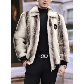Men'S Winter Faux Fur Coat - Warm Color-Block Lapel Collar Jacket with Zipper Closure, Black & Beige Contrast Design, Regular Fit for Casual & Formal Wear, Polyester Lining, Stylish Streetwear, Faux Fur Coat