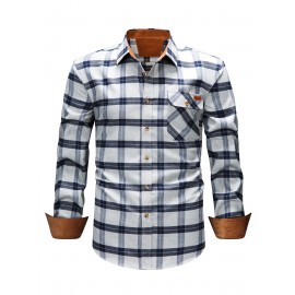 Men's Heavy-Duty Plaid Long Sleeve Dress Shirt - Winter Warmth Collar & Chest Pocket Button, Blue/White/Black/Brown Checkered Pattern, Loose Fit Casual & Formal Button-Up Coat Jacket-like Blazer (Machine Washable)