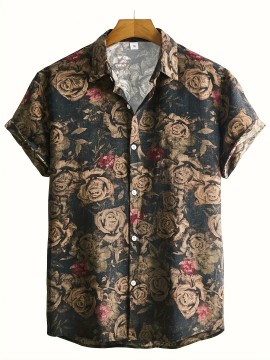 Men's Tropical Floral Print Button-Up Shirt - Short Sleeve, Black Base with Vibrant Red & Pink Roses, Casual Summer Style, Polyester Fabric, Machine Washable