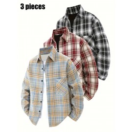 3pcs Men'S Scandinavian Vintage Plaid Shirt Set - Loose Fit, Breathable Rayon, Long Sleeve with Button-Up Design, Perfect for Fall & Spring Casual Wear, Casual Wear Shirts|Vintage Plaid Shirt|Asymmetrical Hemline, Thick