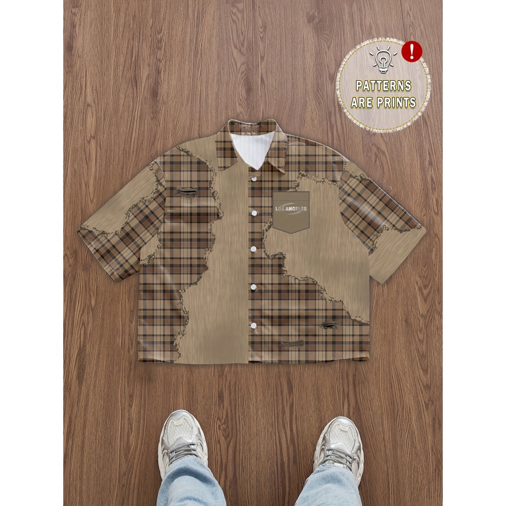 Men'S Casual Plaid Patchwork Short - Brown & White Checkered Pattern, Loose Fit Streetwear Style, Non-Stretch Fabric, Perfect for Camping & Casual Attire, Camping Apparel | Checkered Pattern Shirt | Nonstretch Fabric, Compression Shirt for Men, Gym