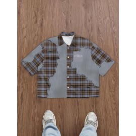 Men'S Casual Plaid Patchwork Short - Brown & White Checkered Pattern, Loose Fit Streetwear Style, Non-Stretch Fabric, Perfect for Camping & Casual Attire, Camping Apparel | Checkered Pattern Shirt | Nonstretch Fabric, Compression Shirt for Men, Gym