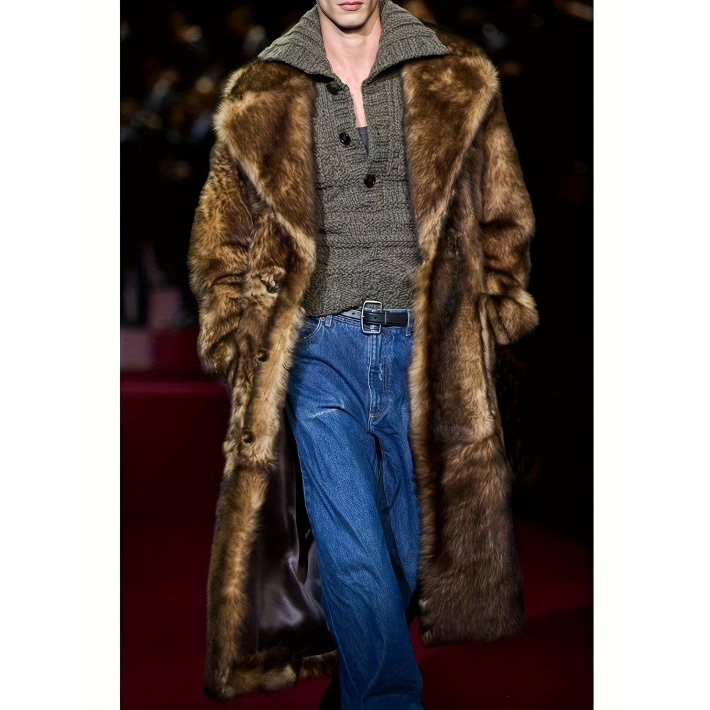 Men's New Style Faux Fox Fur Coat with Suit Collar Long Winter Windproof Warm Mink Overcoat in Large Size