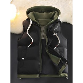 Men'S Hooded Vest - Thickened Warm Sleeveless Jacket with Zipper Closure, Red & Color Block Design, Polyester Lining, Casual Style for Cold Weather, Unisex Couple'S Outerwear, Multiple Colors Available, Winter Vest, Cold Weather Apparel
