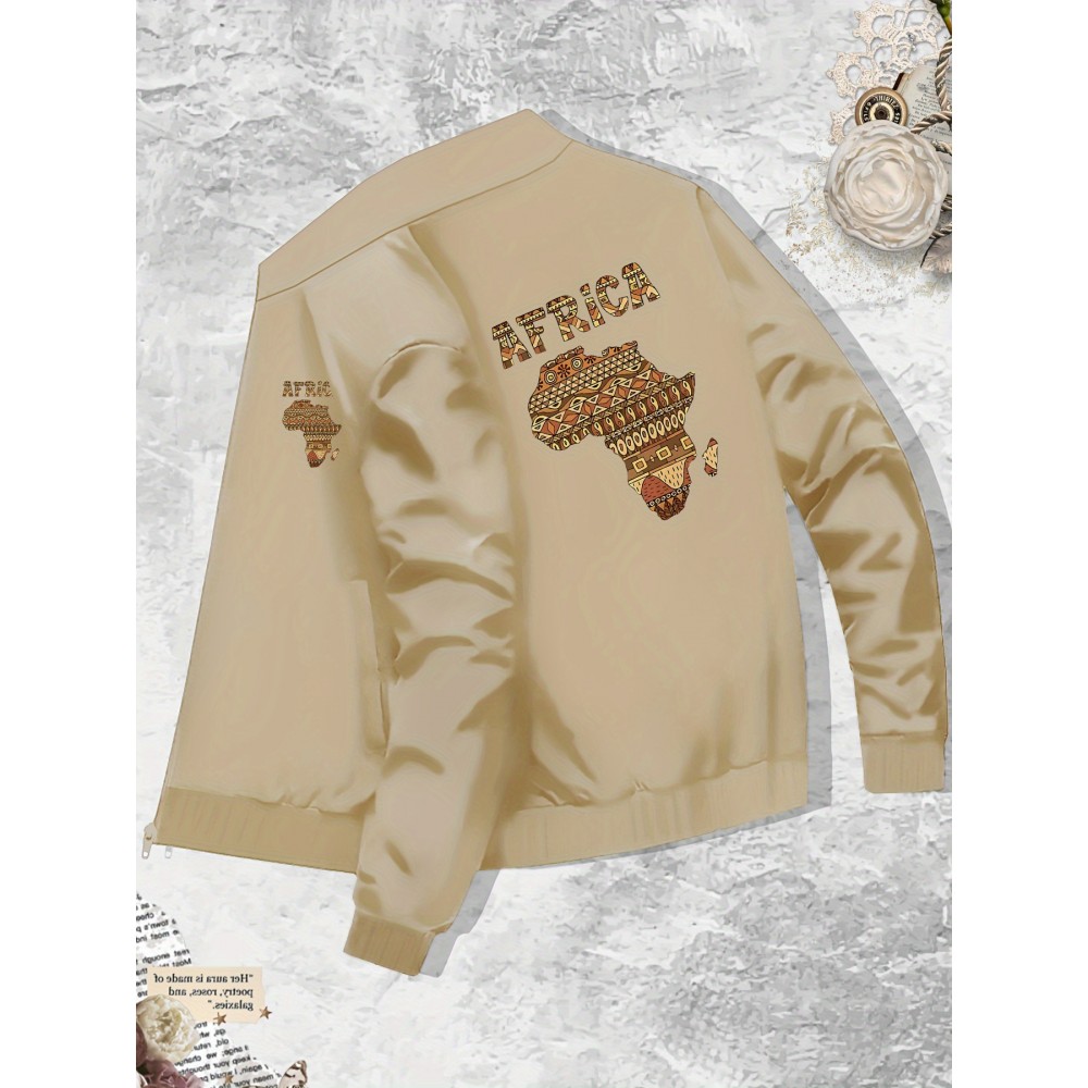 Men's African Tribal Art Print Slim-Fit Bomber Jacket - Black Zip-Up Stand Collar Streetwear Coat with Pockets, Machine Washable Polyester for Autumn/Winter Casual Wear, Sleek Knit Texture